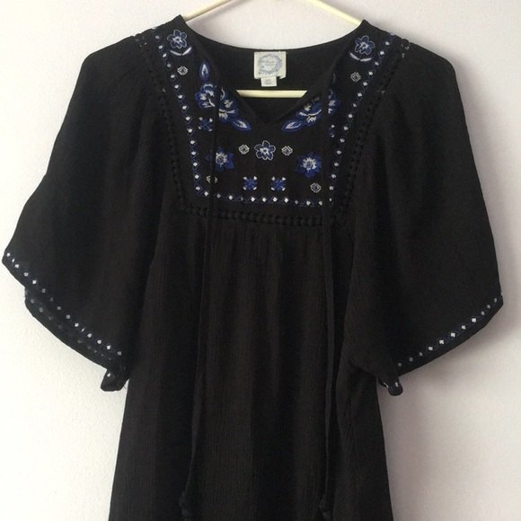 Blue Rain Boho Embroidery Embroidered Tassel Tie Neck Peasant Dress - Picture 2 of 11